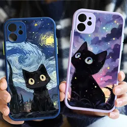 Artistic Black Cat Starry Night Phone Case for iPhone 17 16 15 13 12 11 Pro Max Mini 14 7 8 Plus SE2 Shockproof Hard Matte Cover