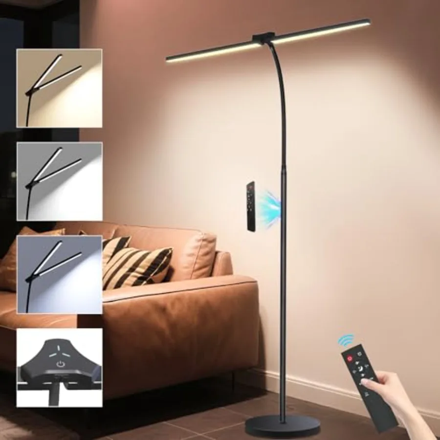 

24W/2400LM Dual Head LED Floor Lamp for Living Room Reading Standing Task Lamp for Office Adjustable Panels with Remote No Glar