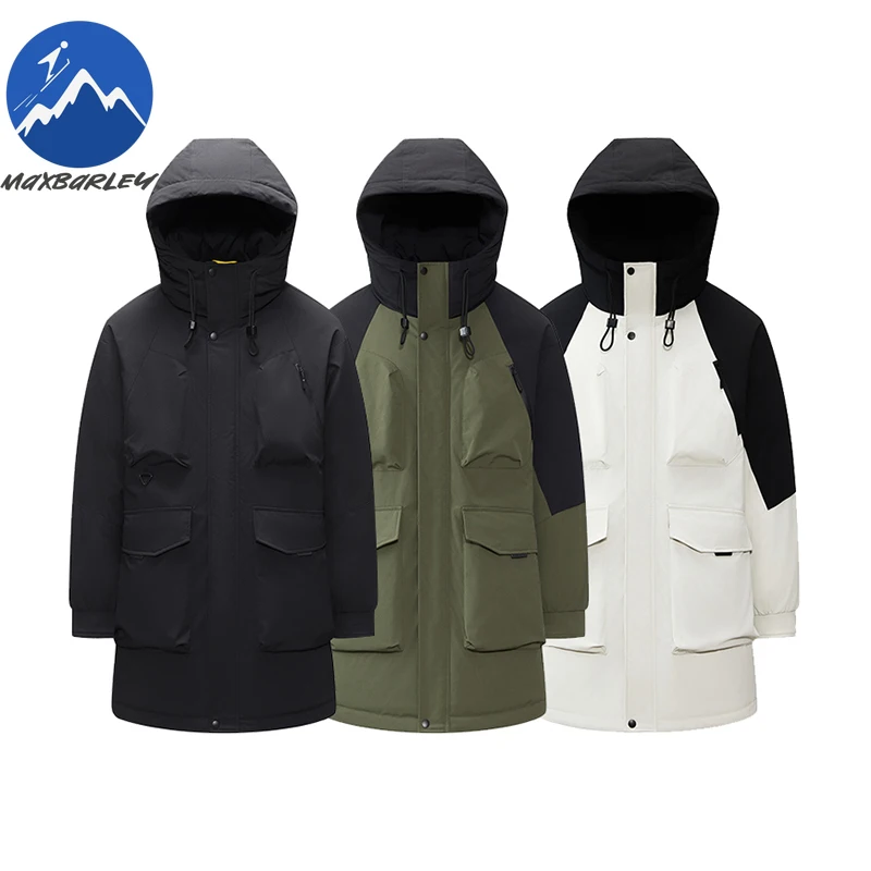 Maxbarley Premium Mens Down Jacket Fashion Hooded Long Splicing Ski Lightweight Down Coat Travel Anti-Cold Autumn Winter Parka