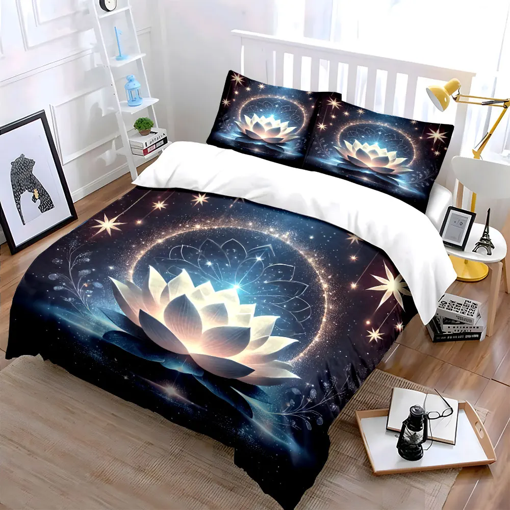 Lotus Mandala Decor Set Bedding Set with 1 Duvet Cover 2 Pillowcases Single Double King Queen, Gift