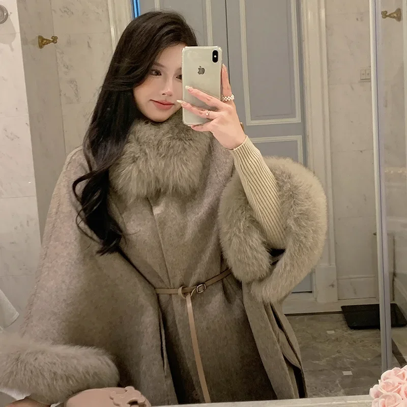 Double-sided woolen cashmere coat women's 2023 autumn and winter new medium and long high-end cape fox fur collar wool coat