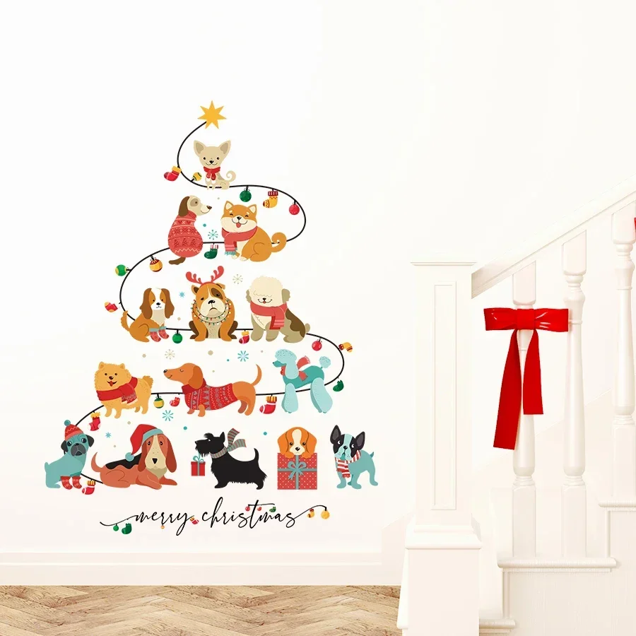 Cartoon Cute Little Dog Christmas Tree Shape Wall Stickers for Kids Room Bedroom Decoration Wall Decals Baby Nursery Home Decor