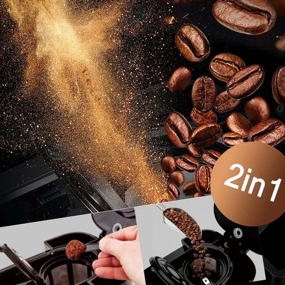 2 In1 Coffee Maker Kitchen Automatic Coffee Machines Drip LED-Display Electric Bean Grinder Keep Warm Home Appliance