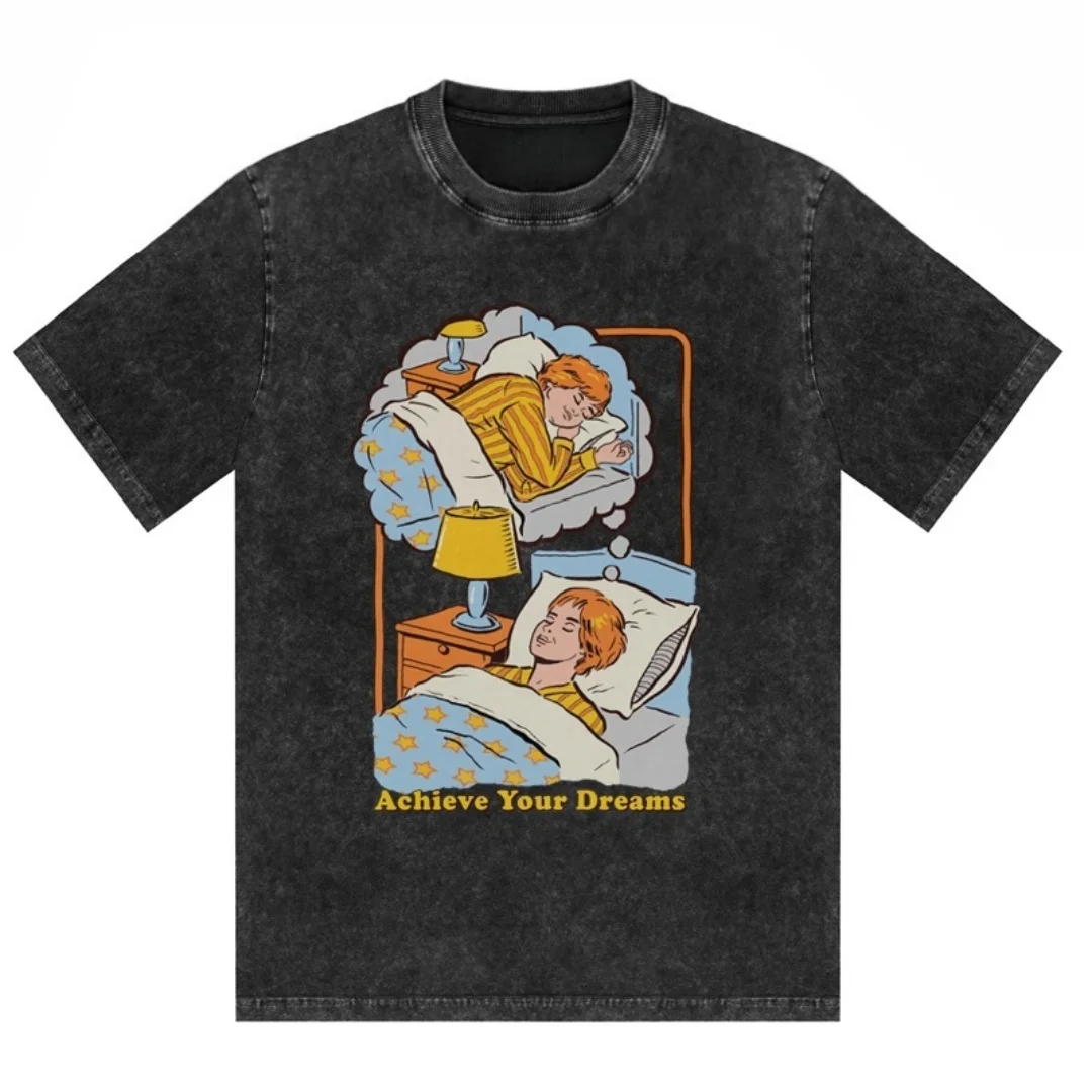 

Sleep Dream Cartoon Print Washed Streetwear Top Tee Tshirt Comfortable Casual Daily Wear Men's and Women's T shirts Unisex