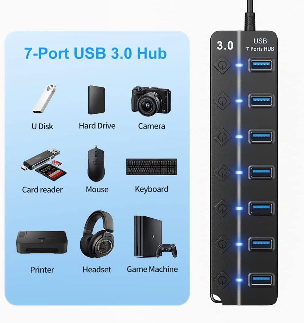 USB Hub 3.0 USB Splitter 4 7 Port Hub USB 3 0 Multiple Ports Expander With On/Off Switch LED Indicator 2.0 Hab 30cm 120cm Cable