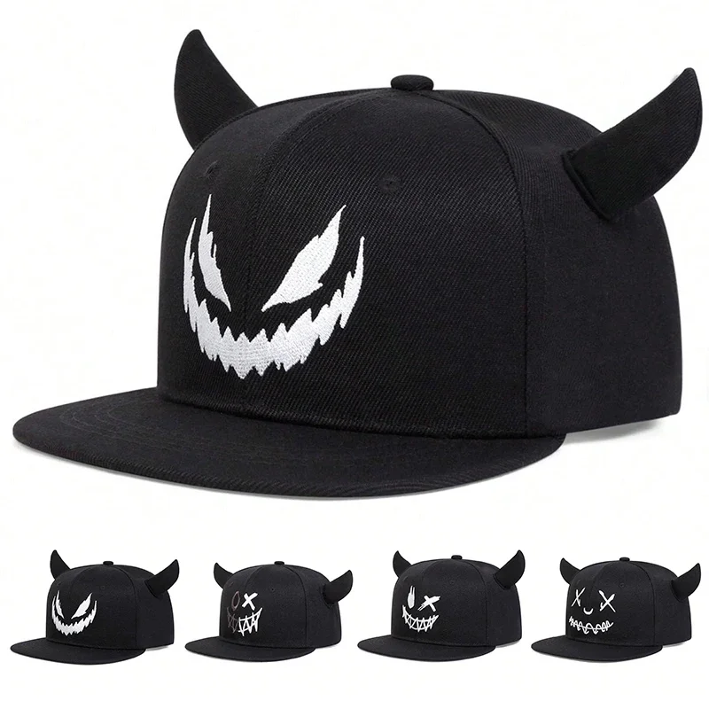 Unisex-Hip-Hop-Hüte mit lächelndem Gesicht und Kuhhorn-Motiv, für Frühling und Herbst, für den Außenbereich, verstellbar, lässige Baseballkappen, Sonnenschutzhut