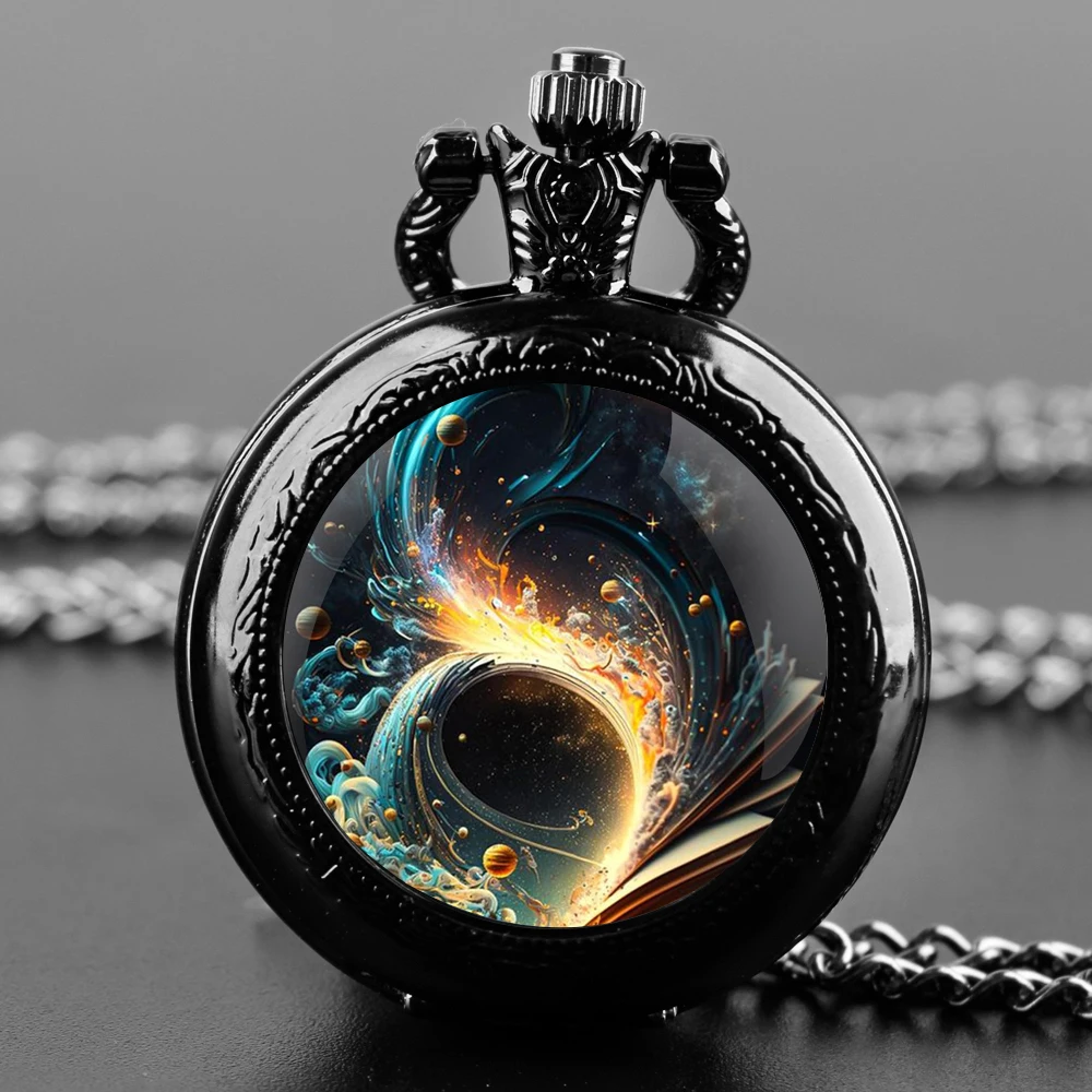 Planets Collision Design Glass Dome Quartz Pocket Watch With Durable Chain Arabic Numeral Dial For Men And Women Creative Gifts