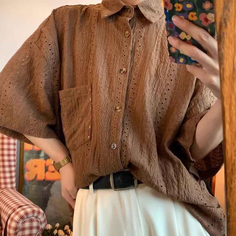 

Japanese Retro Simple Lazy Hollow Short-sleeved Shirt Summer Luxury Design Niche