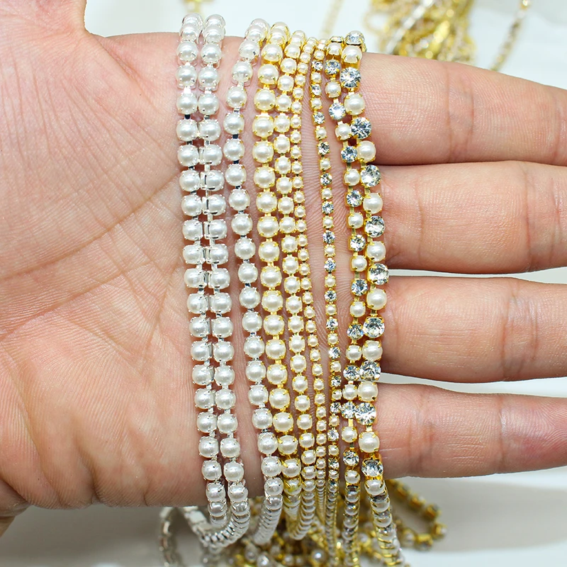 Gitter New Arrivals 10yards/roll ABS Pearl Chain 2mm-4mm Gold/Silver Base Cup Pearl Chain Apparel Sewing diy Beauty Accessories