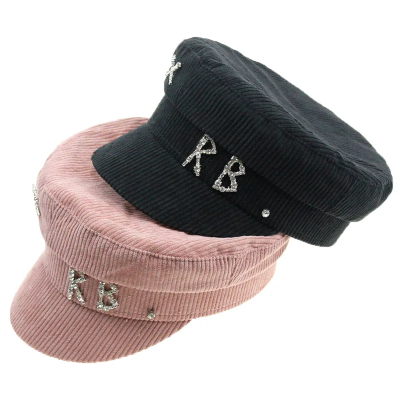 

Black Hats For Women Fashion Rhinestone RB Letter Military Hat Causal Travel Satin Flat Top Hat Corduroy Sailor Cap Pink Khaki