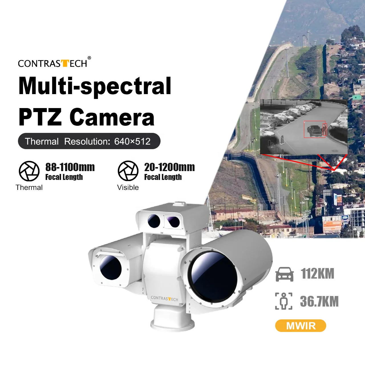 Kamera Jaringan PTZ Termal HD dengan Detektor FPA Berpendingin MCT Bispektral Jarak Jauh 4MP 12x Zoom dan Pencari Laser 20KM