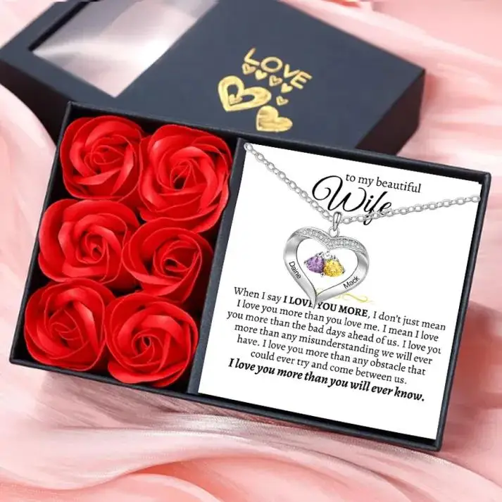 

Personalised Heart Pendant Necklace with Set With Gift Card Gift Box-Custom Family Necklace Gifts for Wife