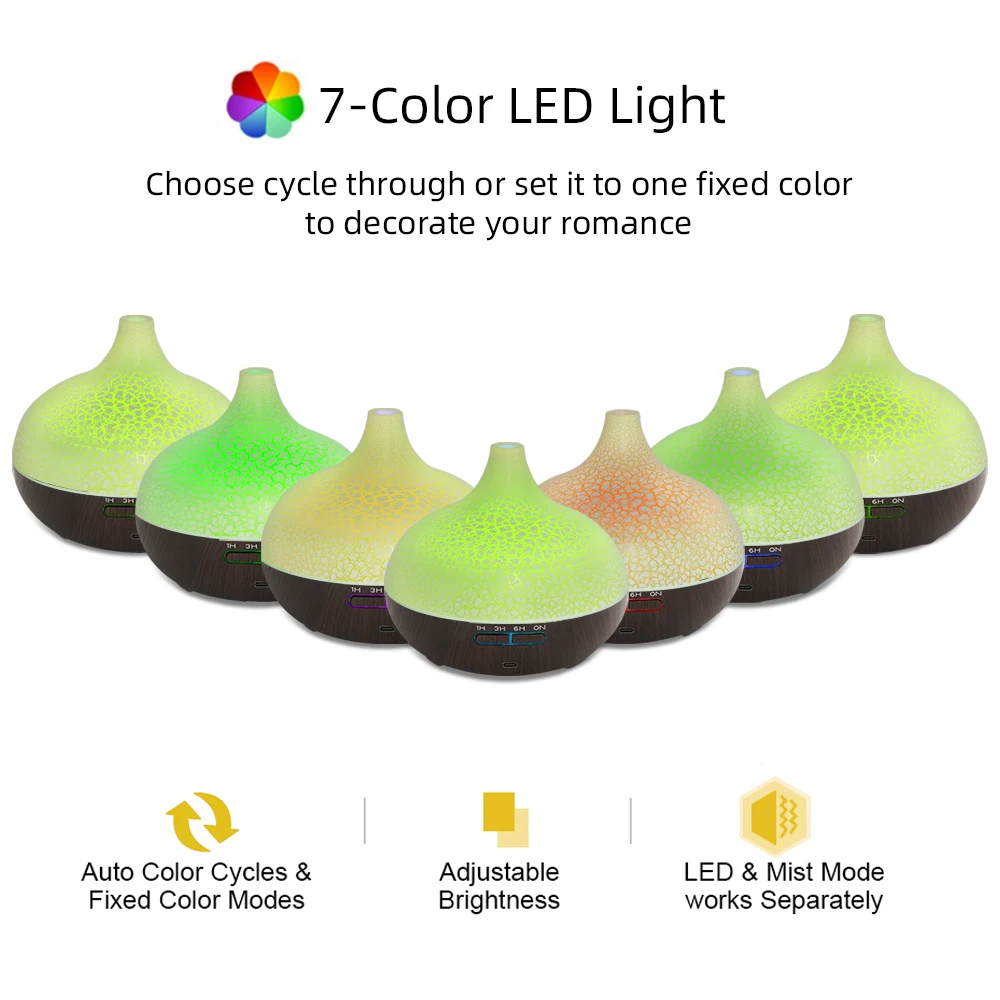 مصباح ناشر للعلاج العطري، مرطب للزيوت العطرية LED بـ 7 ألوان مع تصميم ثلج متشقق - بخاخ رذاذ هادئ بالموجات فوق الصوتية للمنزل،