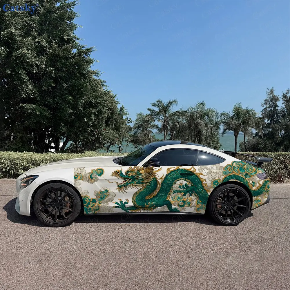 

2pcs Teal & Gold Dragon with Cloud Car Side Wraps, Self-Adhesive PVC Waterproof & Scratch-Resistant Stickers, Car Accessory Gift