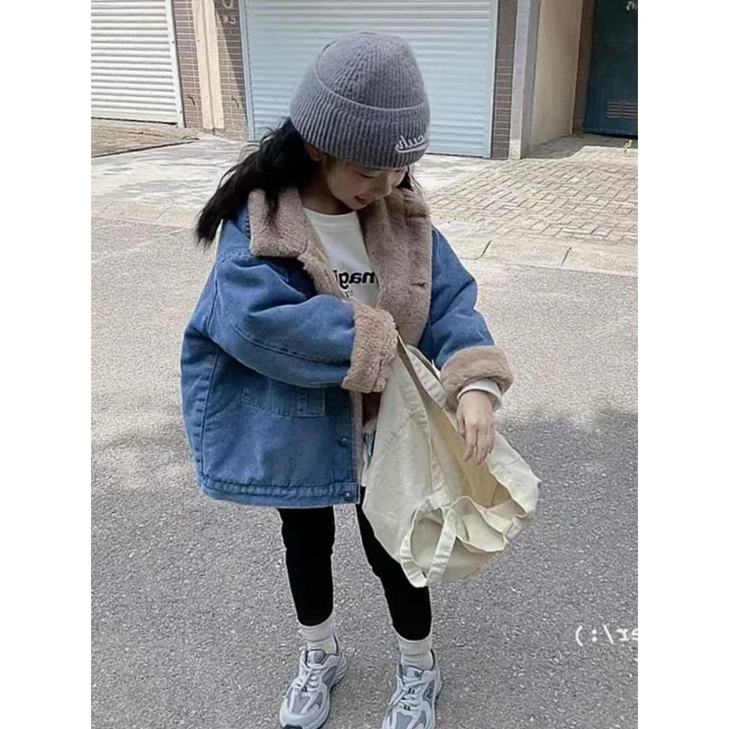 

Autumn Winter Children Big Boy Outerwear Coat Fleece Thicken Warm Toddler Boys Denim Jacket Kids Girls Parkas 2-9 Yrs