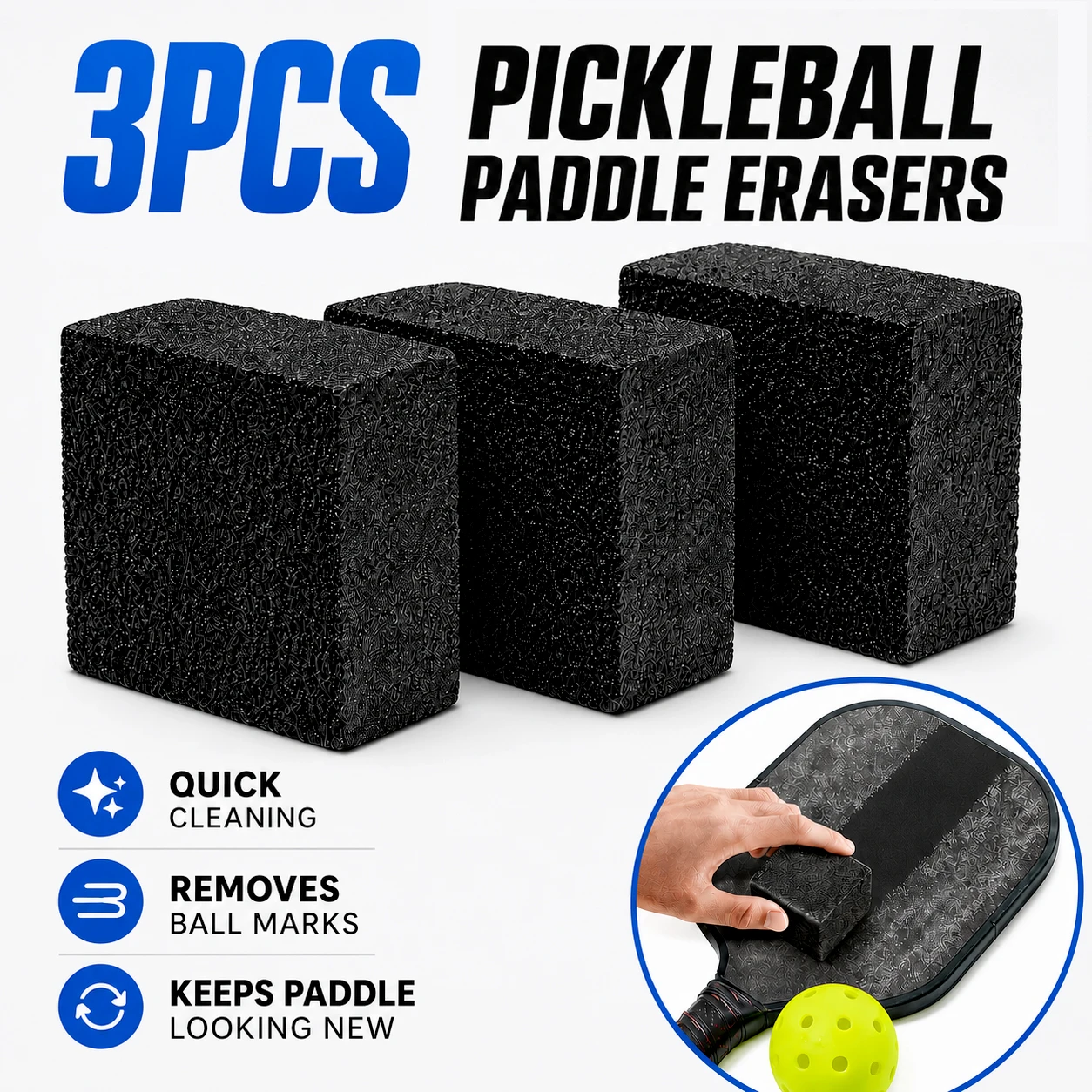 3Pcs Pickleball Paddle Erasers Rubber Cleaners for Carbon Fiber Paddles Easy to Use for Removing Ball Marks Dirt and Court Care