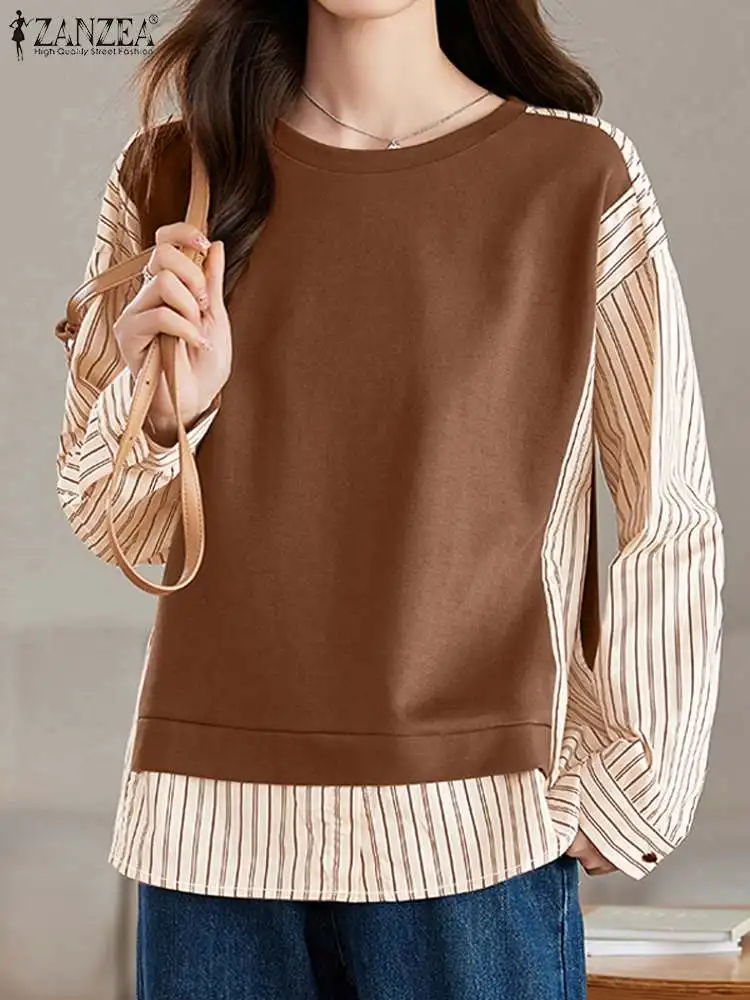 ZANZEA Women Fake Two-Piece Blusas Mujer O Neck Autumn Casual Striped Pullovers Patchwork Long Sleeve Korean Fashion Blouses