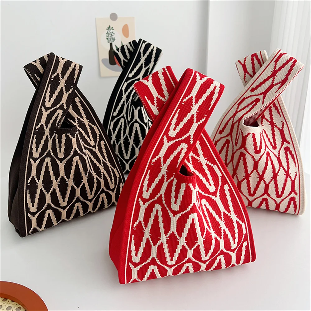 Handmade Knit Handbag Women Mini Knot Wrist Bag Female Casual Color Wide Stripe Plaid Tote Bag Student Reusable Shopping Bag