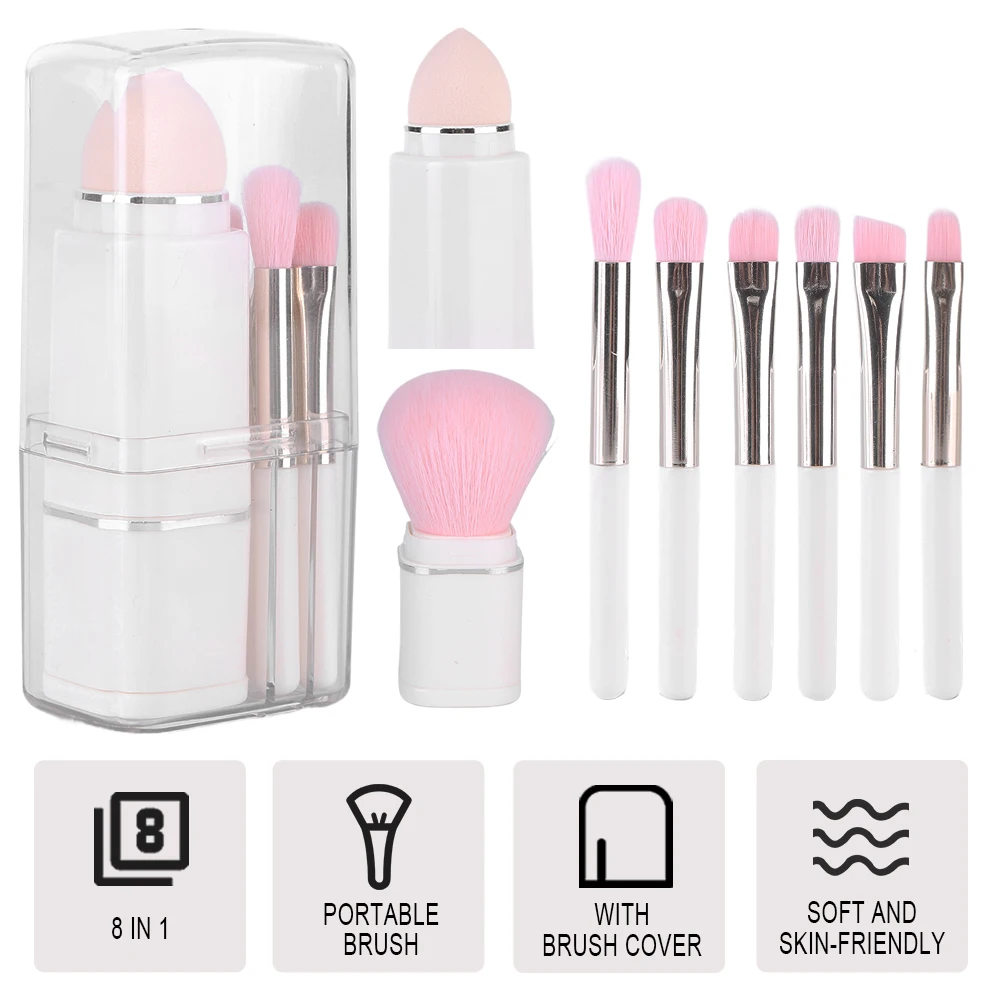 8Pcs Travel Makeup Brushes Set Powder Blush Concealer Brush Portable Nose Contour Brush Soft Bristles with Case for Women Makeup