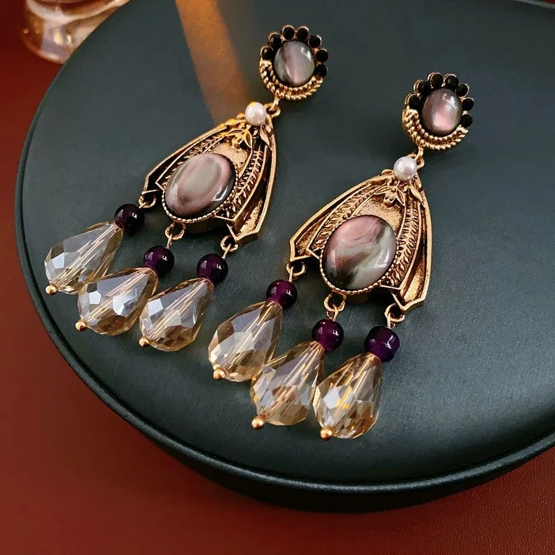 

Vintage Water Drop Crystal Tassel Dangle Earrings Purple Imitation Pearl Flower Pendant Earrings Hyperbole Jewelry for Women N1