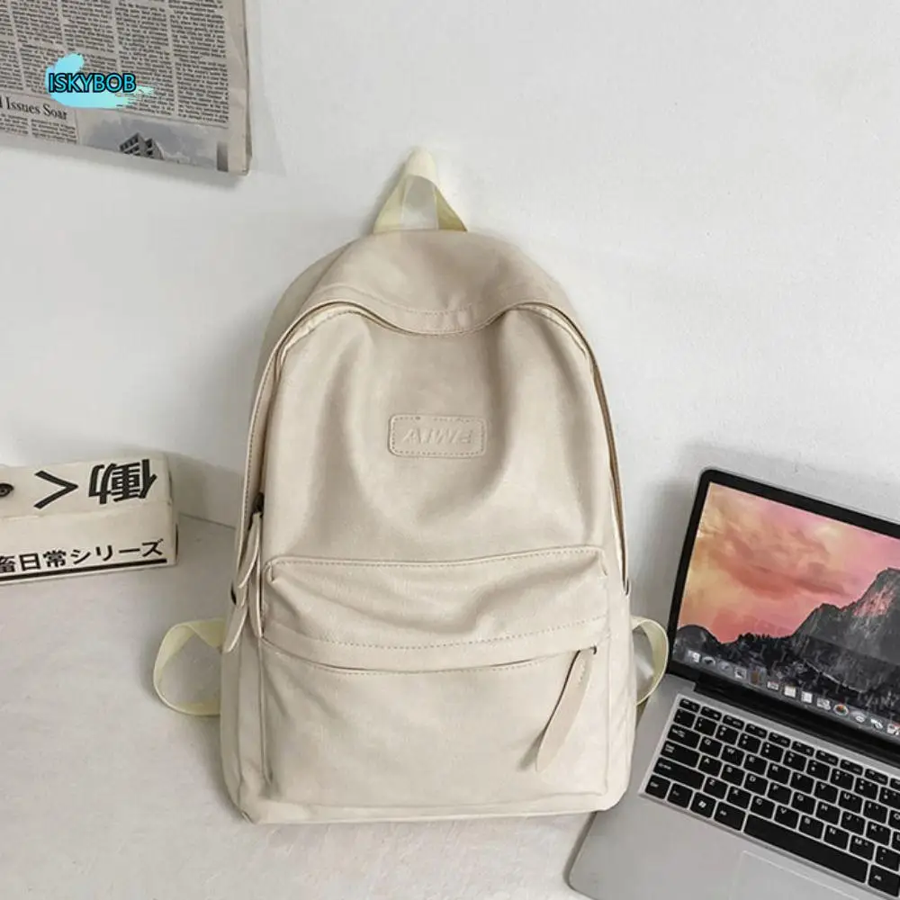 

Solid Color Korean Style Leather Backpack Men Multiple Pockets Large Capacity Travel Bag Storage Handbag Shoulder Bag Boys Girls