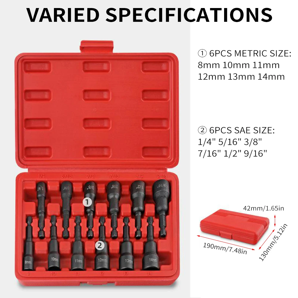 12-Pack Magnetic Nut Driver Set Chrome-Vanadium Steel Impact Power Hex Nut Driver Drill Bit Master Kit SAE & Metric Size 1/4“