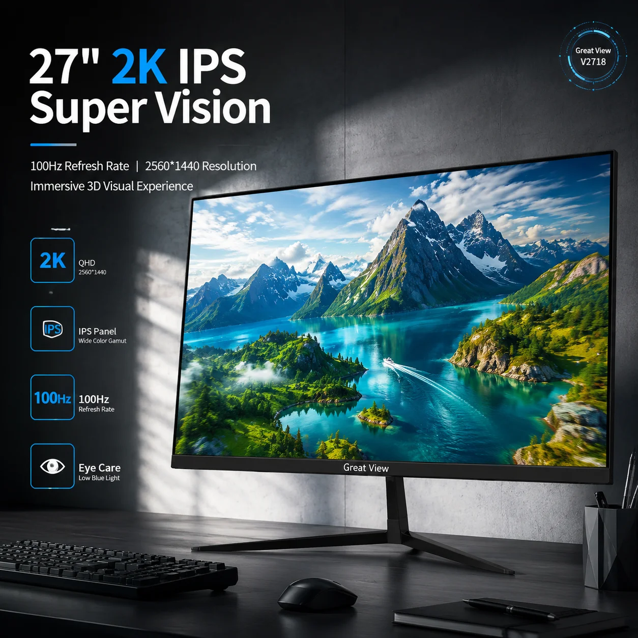 27-Zoll-Full-HD-Gaming-Monitor, 2K-Auflösung (2560 x 1440), hohe Bildwiederholfrequenz von 100 Hz, IPS-Panel, extrem schmale Einfassungen, Augenschutztechnologie und anpassbare Betrachtungswinkel.
