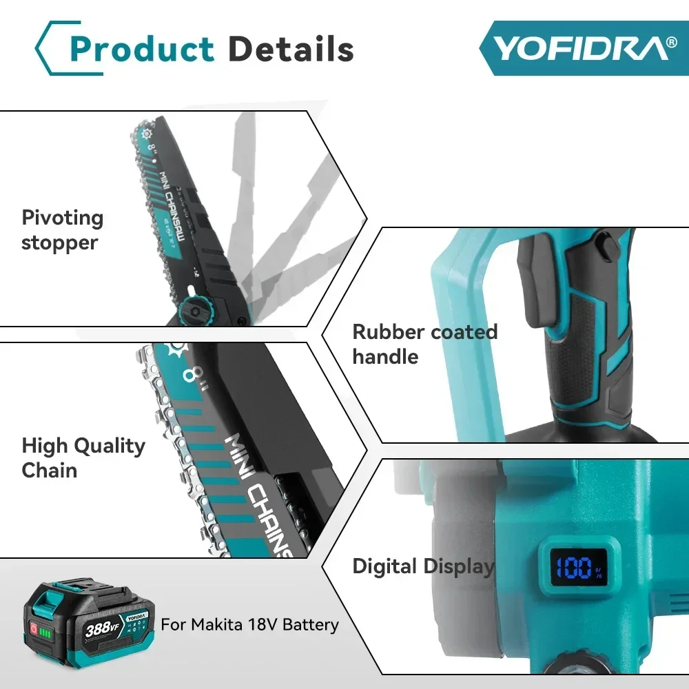 YOFIDRA 8 Inch Borstelloze Elektrische Kettingzaag Draadloze Oplaadbare Tuin Houtbewerking Snijden Elektrisch Gereedschap Voor Makita 18 V Batterij