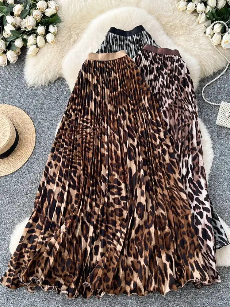 

Women Vintage Leopard Print Midi Skirts A-line Elegant High Waisted Pleated Streetwear Skirt