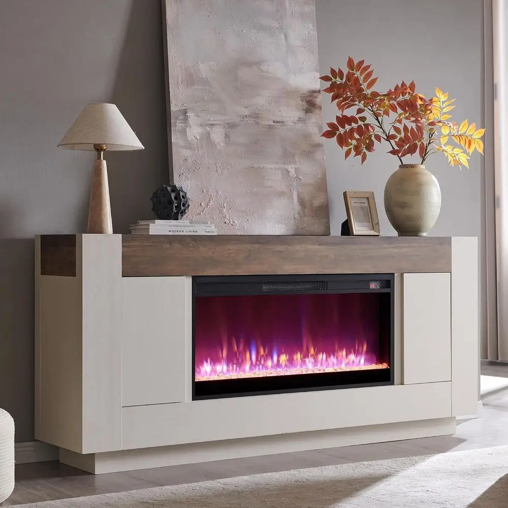 

70 Antique White TV Stand with 36 Electric Fireplace, Entertainment Center for TVs up to 80, Thick Wood Design with Side Cabinet