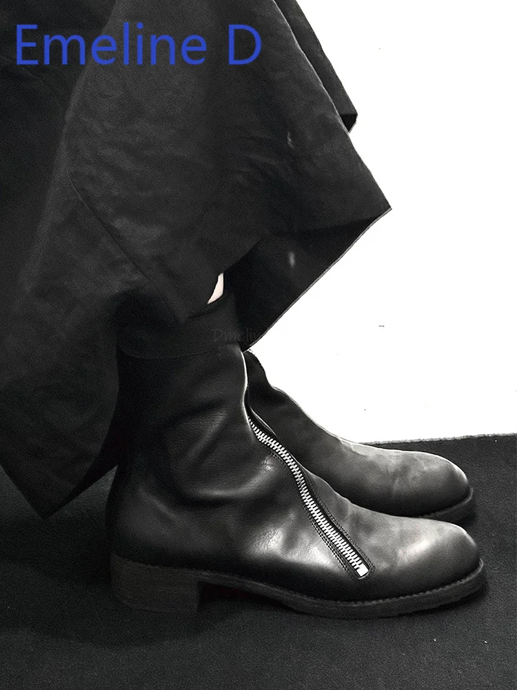 Front Zipper Black Midsole Boots Fashionable Square Heel Height Increasing Motorcycle Boots Unisex Casual Versatile Short Boots