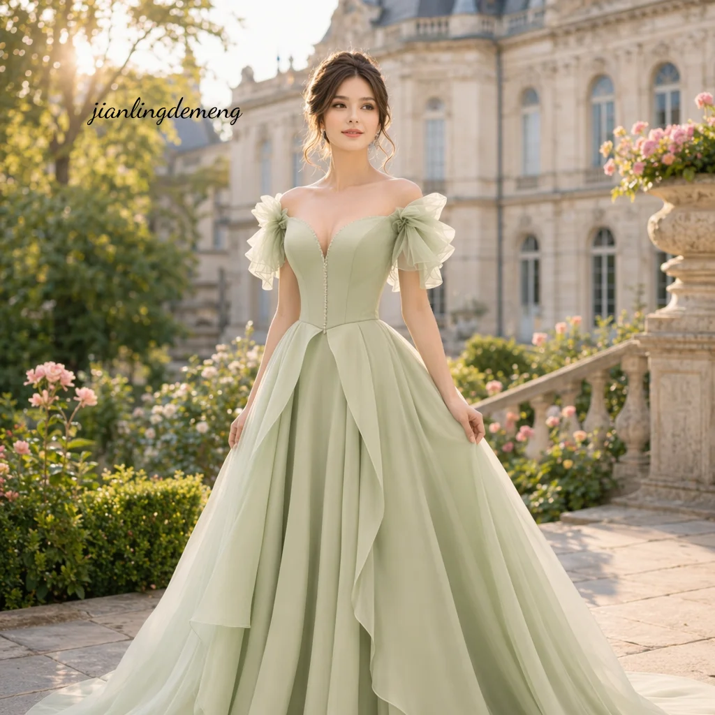 

Romantic Fairy Sage Green Tulle Bridesmaid Dress Off Shoulder A Line Evening Gown Wedding Guest Prom Party Customized