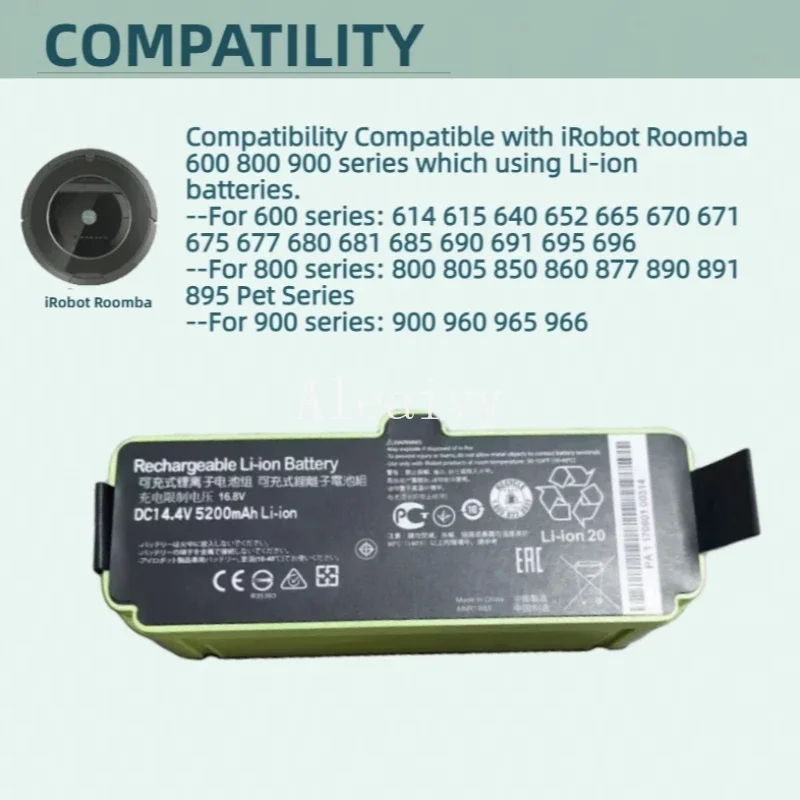 Aleaivy 14,4 V 3300 mAh Li-Ionen-Akku für iRobot Roomba Cleaner 900 800 700 600 Serie 960 980 981 965 895 890 860 695 692 690 680 675