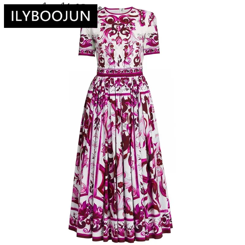 

ILYBOOJUN Fashion Designer Summer Vintage Cotton Long Dress Women's O-Neck Short Sleeve Flower Print Elegant Party Dresses