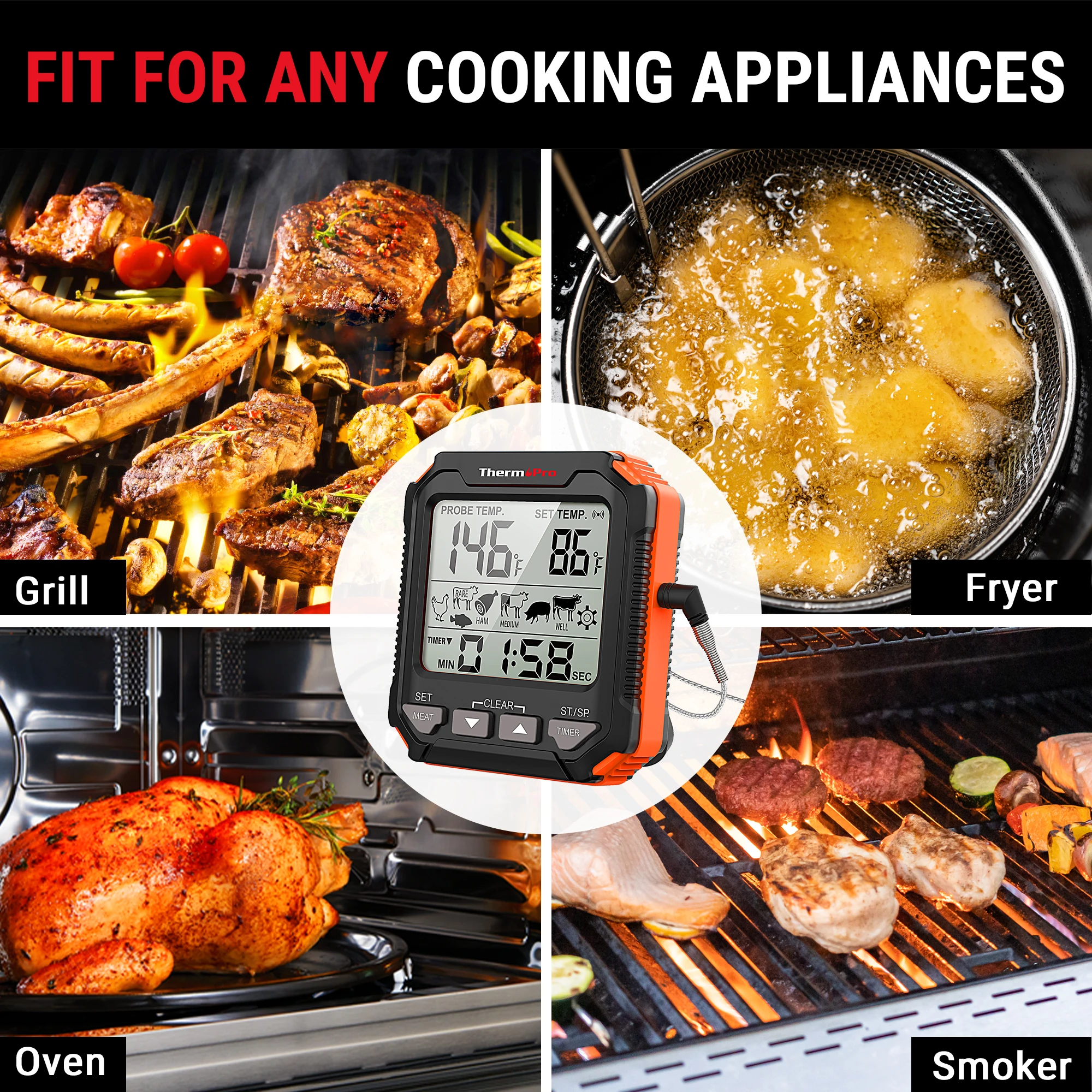 ThermoPro TP716 Probe Style Digital Thermometer for Oven Fryer and Grill Household Kitchen Cooking Meat Thermometer and Timer