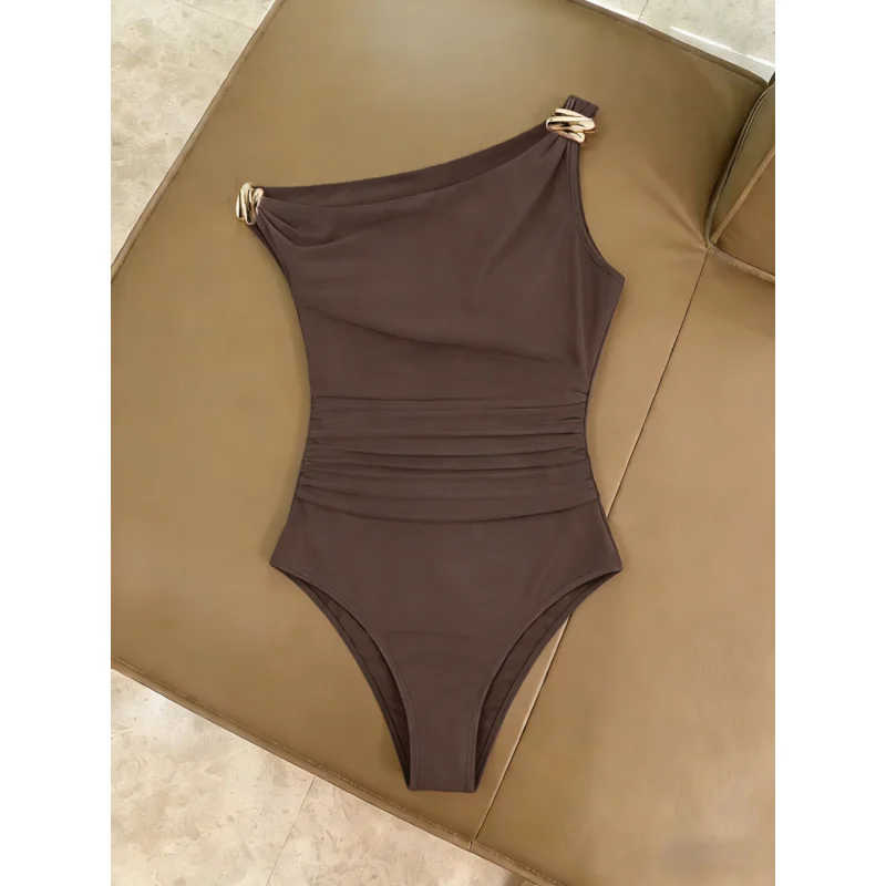 Asymmetrical Neckline Ruched Bodysuit for Women - Solid Color Top Featuring Metal Buckle Accents