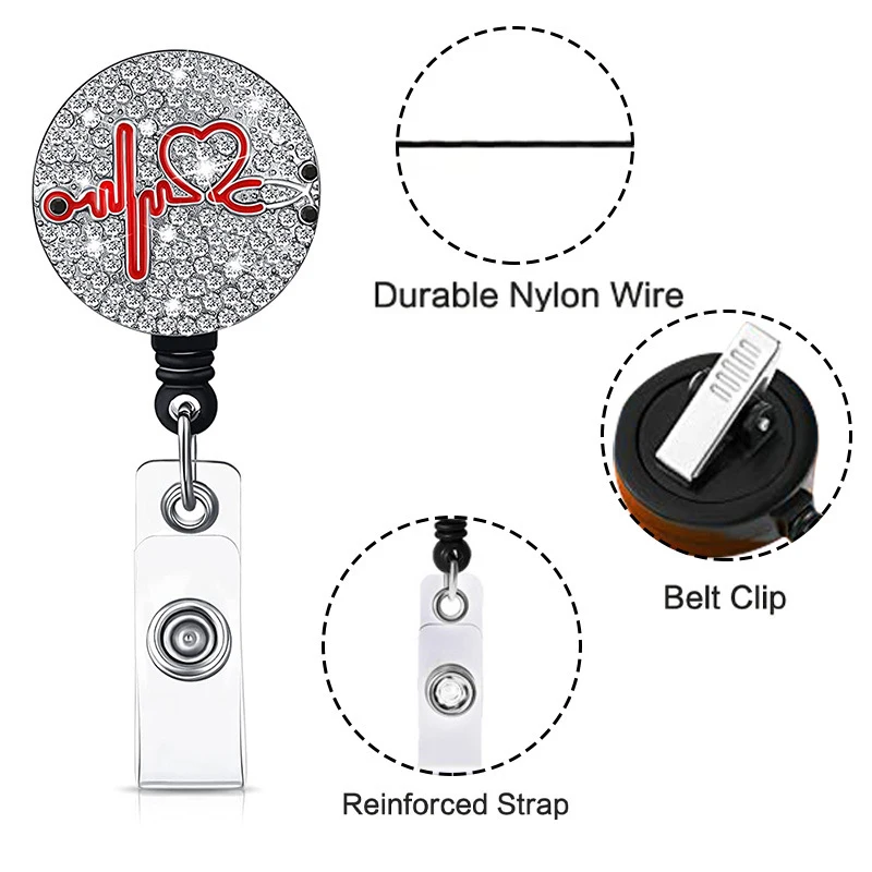 Retractable Medical Worker ID Tag Holder Buckle Rhinestone Nurse Badge Easy Pull Buckle Exquisite Badge Clip Office Supplies