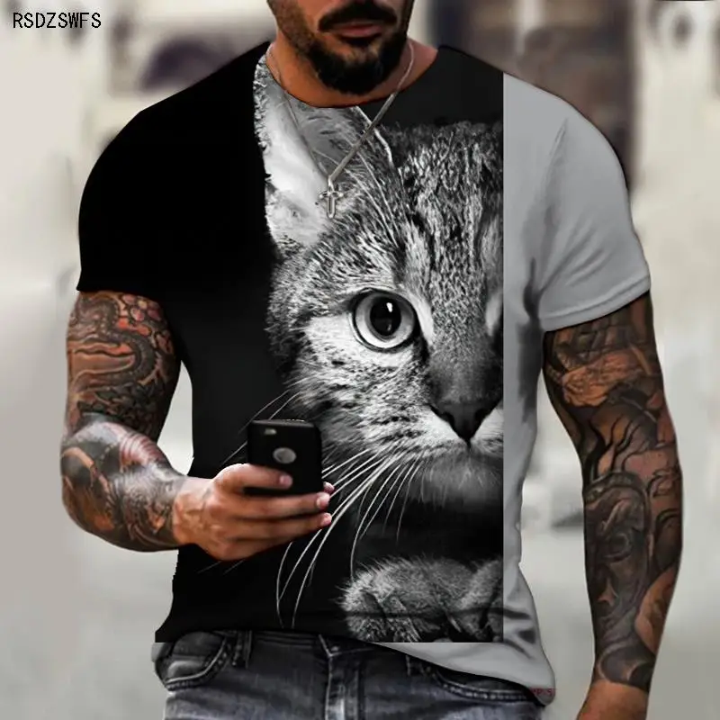 Animal World Cute Cats And Dogs Real 3D Printed Patterns Men\'s Shirts Crew Neck Tops T-shirts Casual Clothing Oversize 5XL