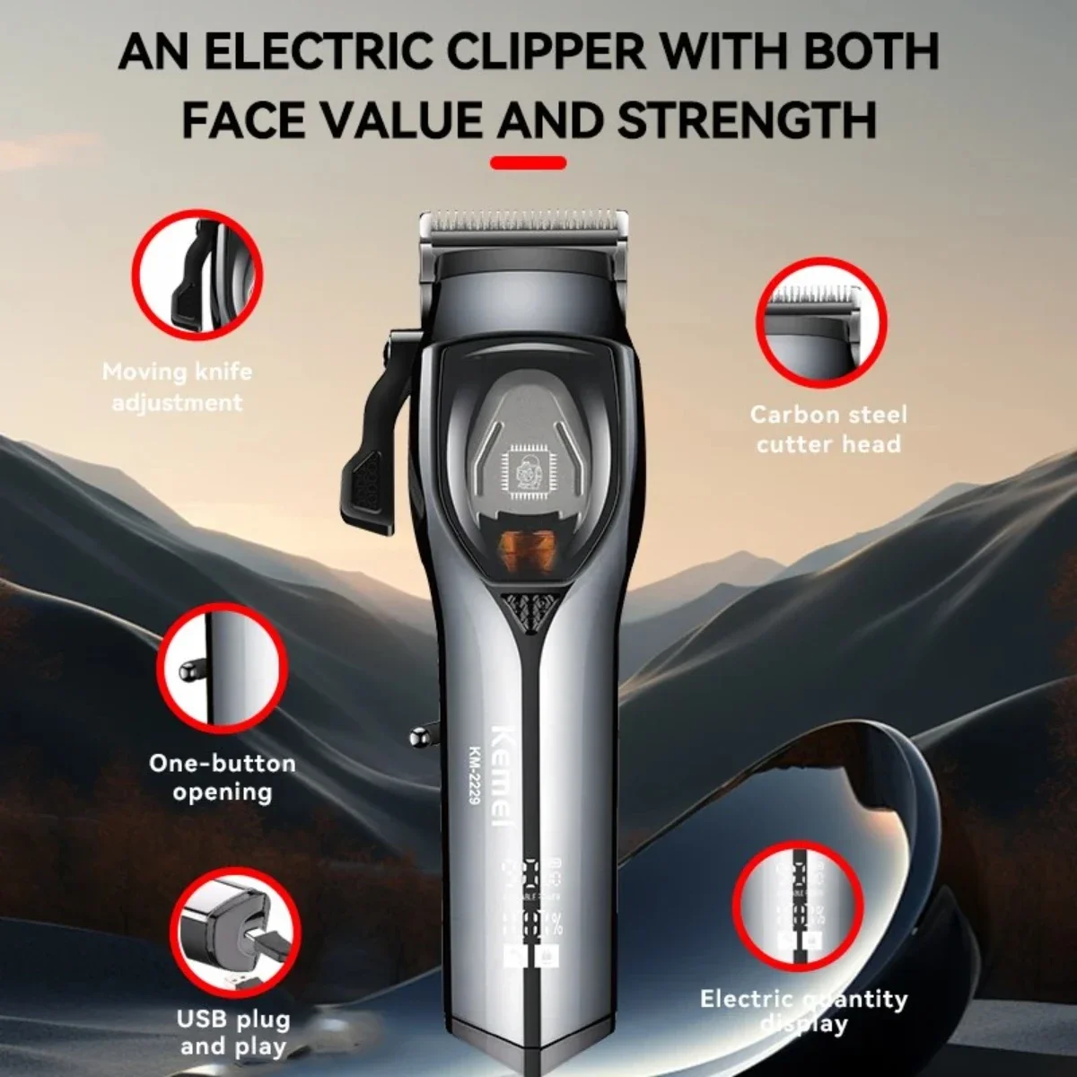 Kemei Professional Hair Clipper Adjustable Hair Cutting Machine 9000 RPM Haircut Machine Hair Trimmer for Men KM-2229