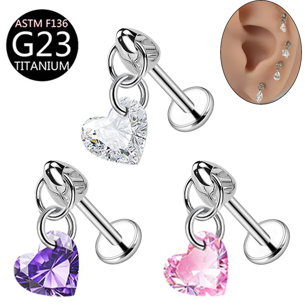 G23 Titanium Alloy Zircon Stud Earrings Lip Stud Puncture Jewelry 0.9 Internal Thread Bullet Heart Zircon Bone Nail Piercing