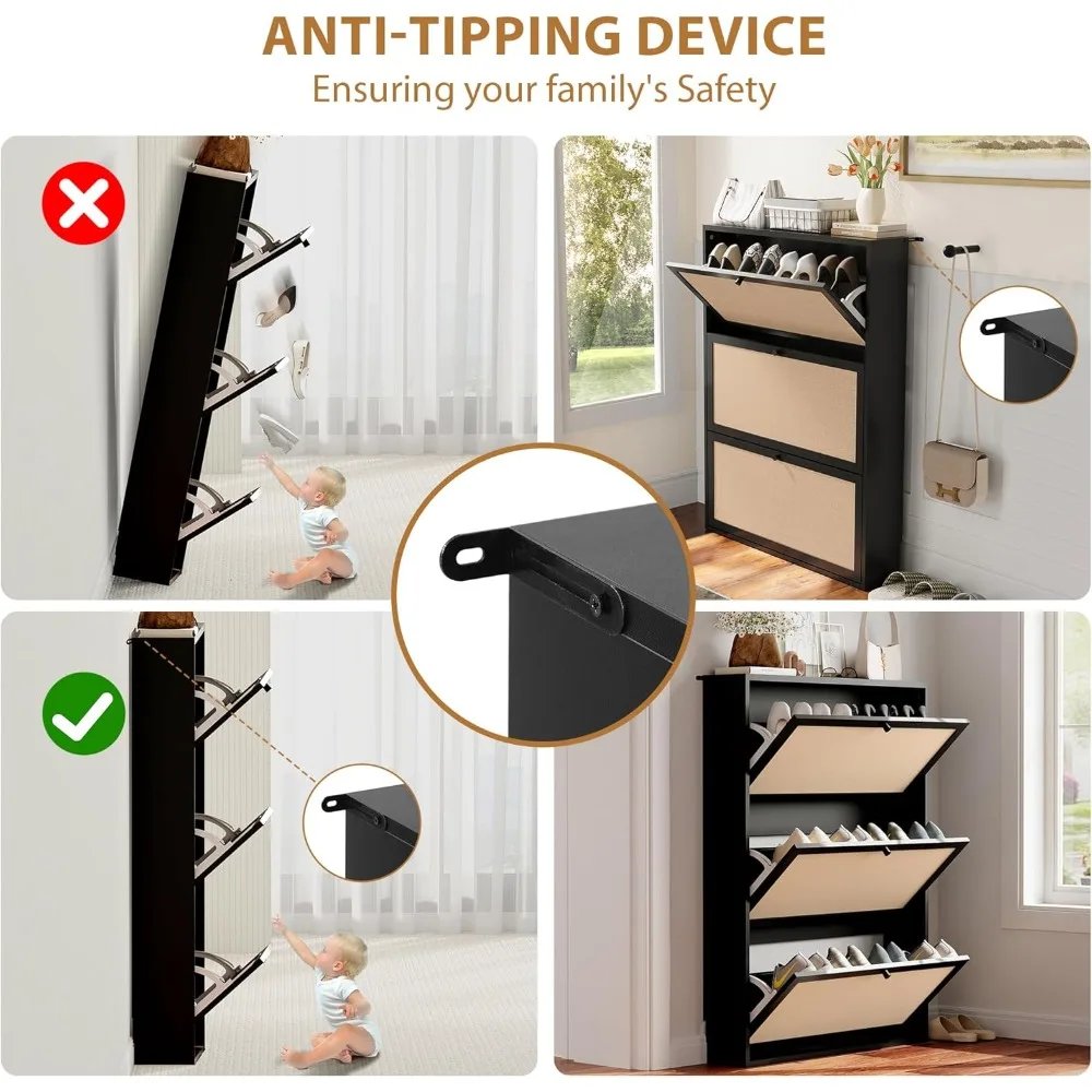 خزانة تخزين الأحذية ذات درج قابل للطي وباب من الكتان الضيق ومنظم قائم بذاته للأحذية #4