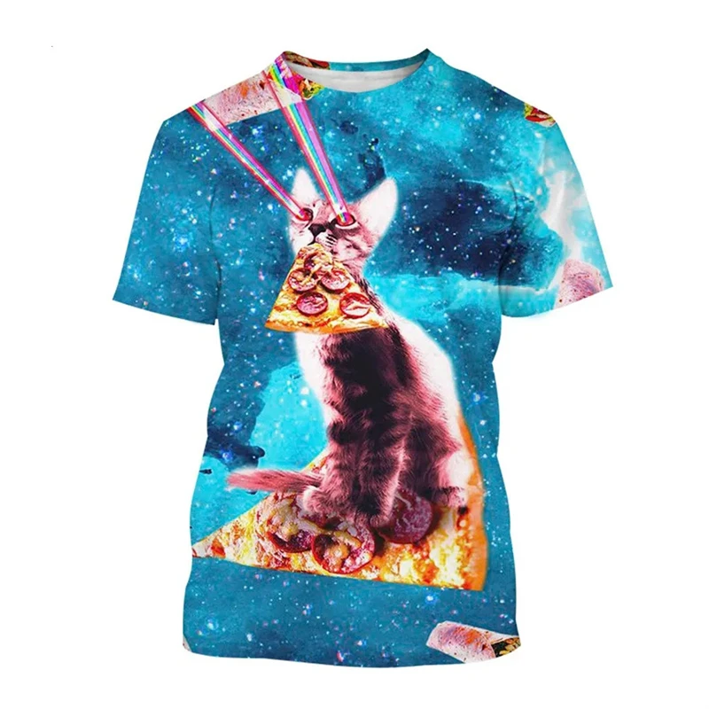 3D Cute Pizza Cat Graphic T Shirts Y2k Funny Women's Clothing Female Animal Print Summer Fashion Tops Girls Causal Pretty Tees