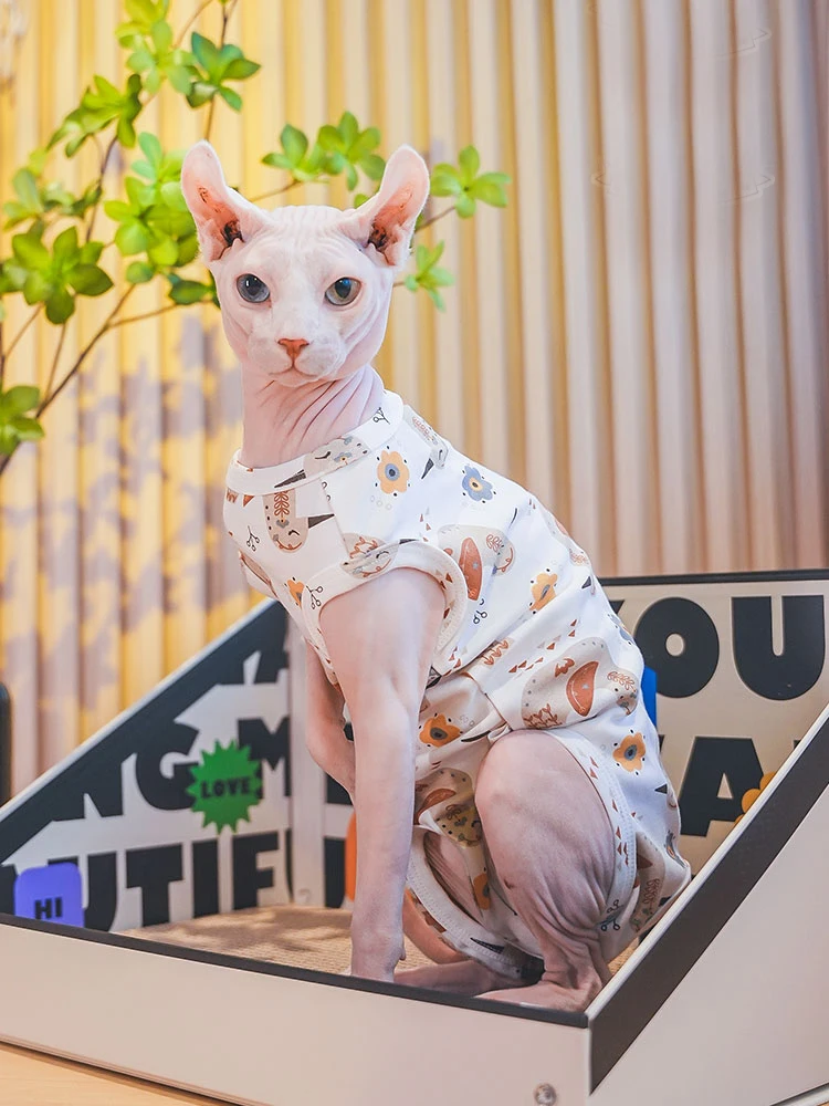 Fleece Coat for Sphynx Cat Clothes Summer Spring Cute Sleeves soft Sweatshirt Elestic For Devon Rex Cartoon T-shirt For Kittens