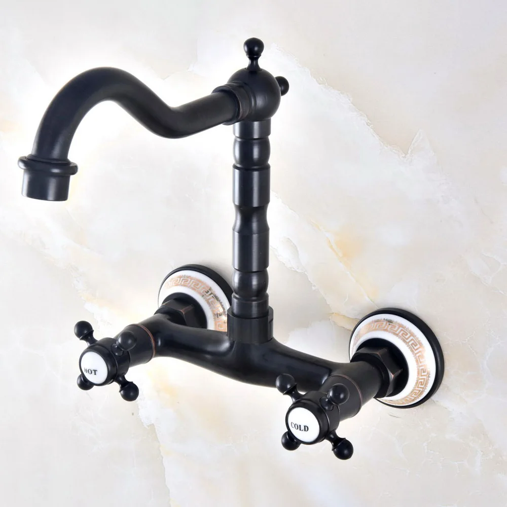 

Black Oil Rubbed Brass Wall Mounted Swivel Spout Bathroom Sink Faucet Double Handle Mixer Tap Wall Mounted Lnf454