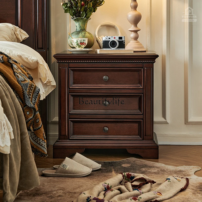 

American solid wood bedside table gold silk teak bedroom bedside locker