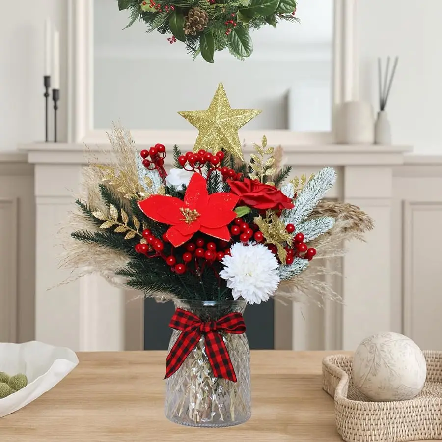 

Christmas Centerpieces for Tables, Holiday Table Decor, 100pcs Christmas Floral Arrangements in Vase, Xmas Decorations for Coffe