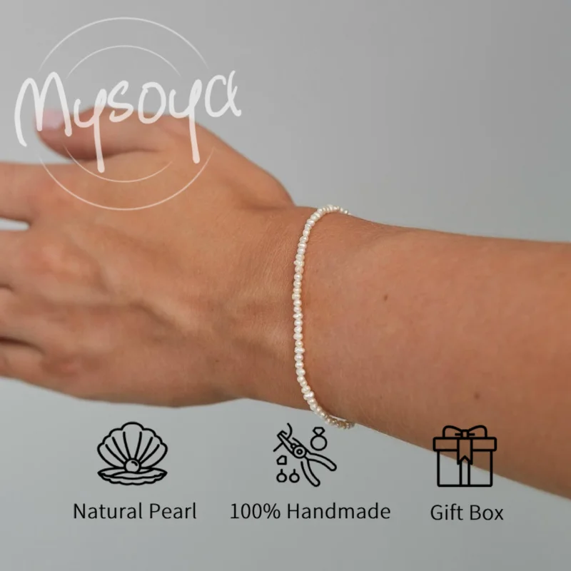 

MYSOYA 3-4mm Mini White Freshwater Pearl Bracelet With Gift Box For Women And Men Birthday Wedding Anniversary Jewelry Gift