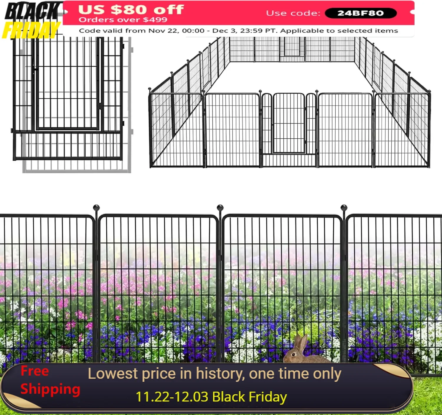 Decorative Garden Fence 24 Pack Black Metal Fence Panels 40in(H) X54ft(L) With Lockable Gates,Fences