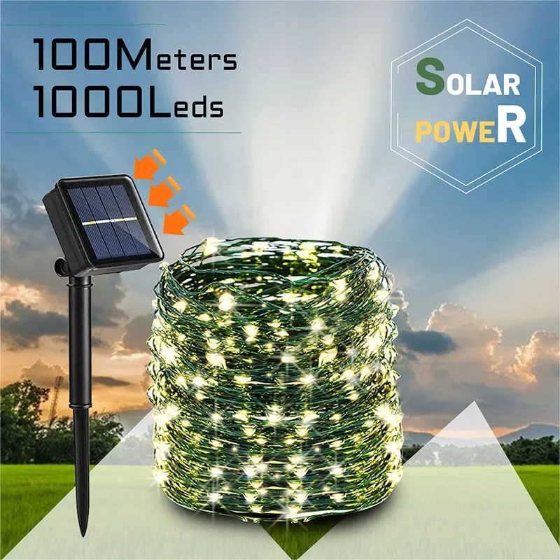 100M Solar Powered Green Wire Christmas Garland Fairy Lights Decoration String Mini LED Outdoor For Wedding Party Camp Light