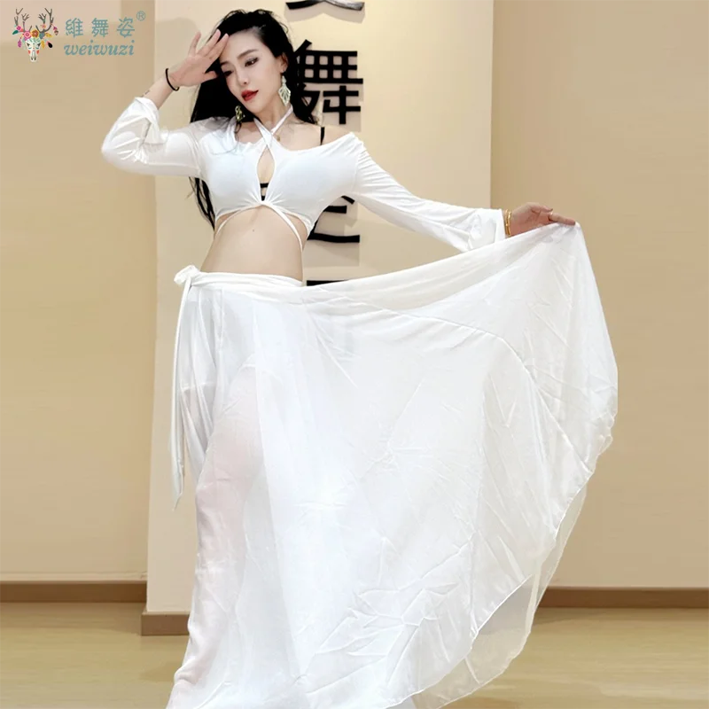 Traje elegante para danza del vientre, Top con tirantes, mangas con hombros descubiertos, falda dividida, ropa de práctica, ropa de actuación de danza Oriental para adultos